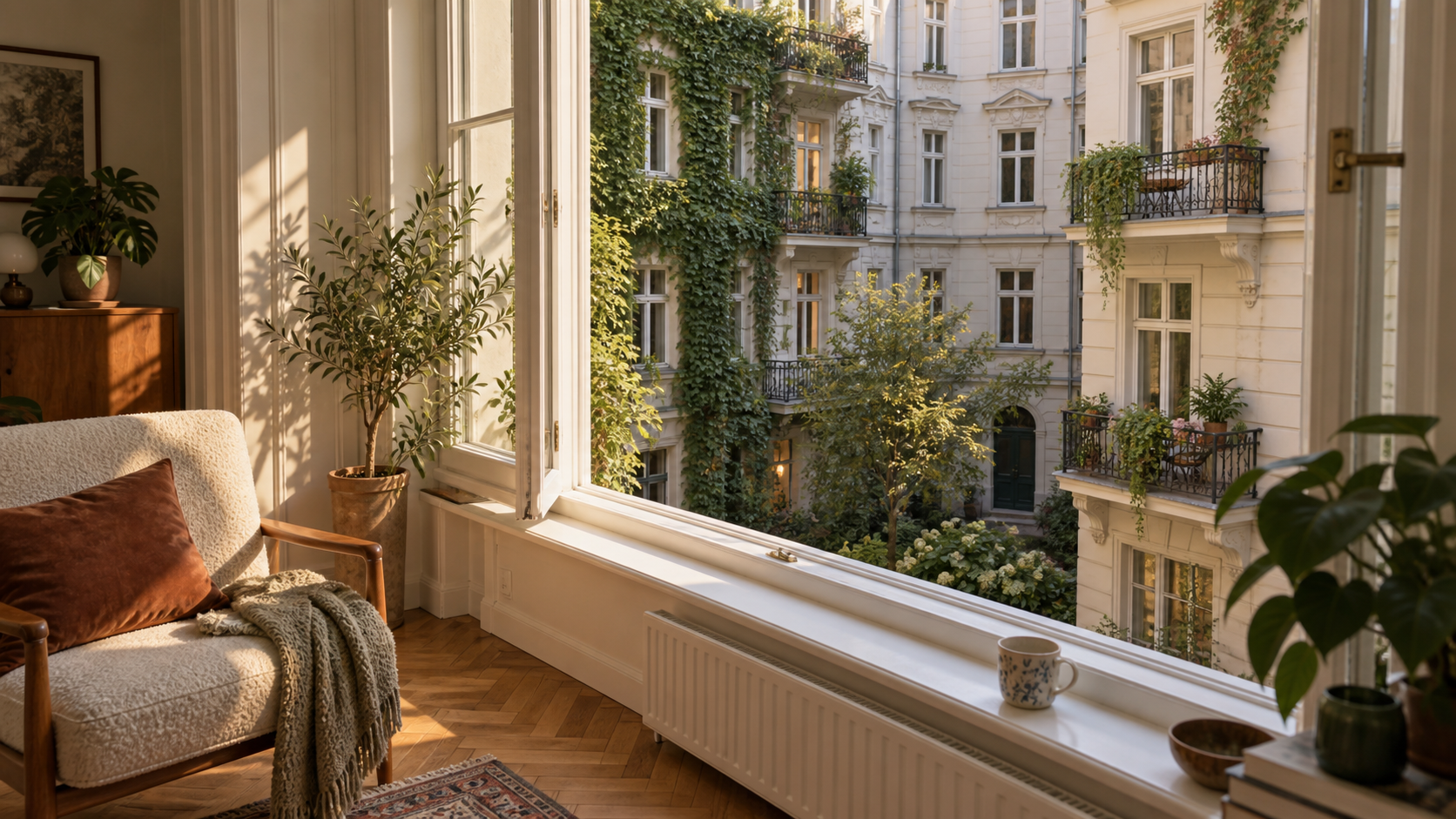 Wiener Wohnraum mit Blick in einen begrünten Innenhof
