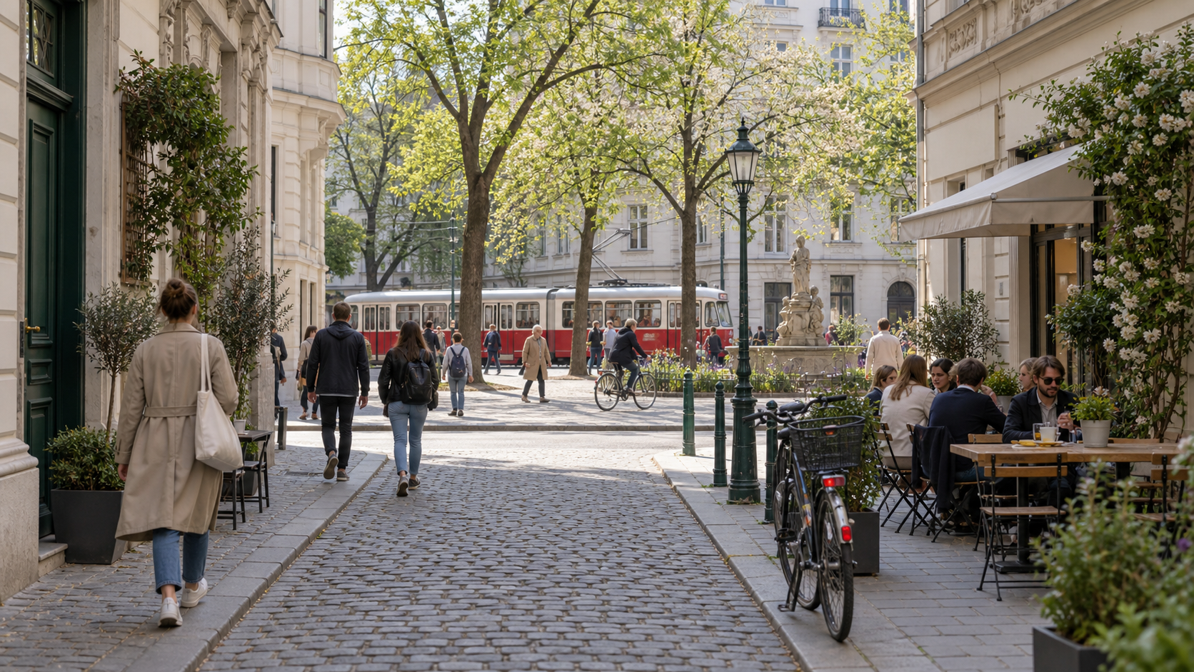 Wiener Wohnstraße mit Platz, Menschen und Straßenbahn